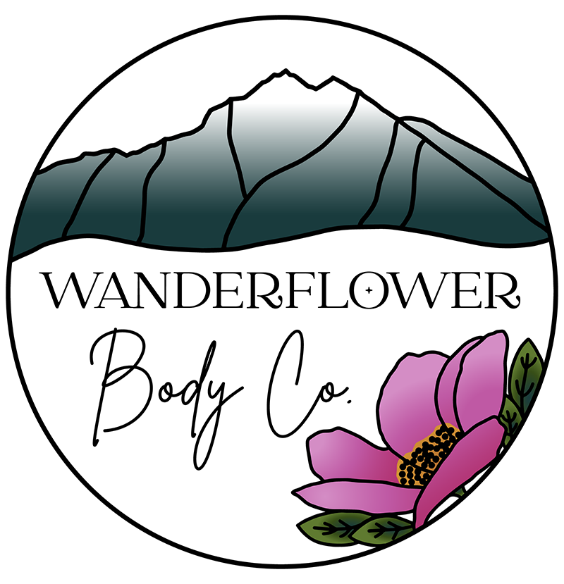 Wanderflower Body Co. in black inside circle logo with Pioneer Peak and pink arctic rose.